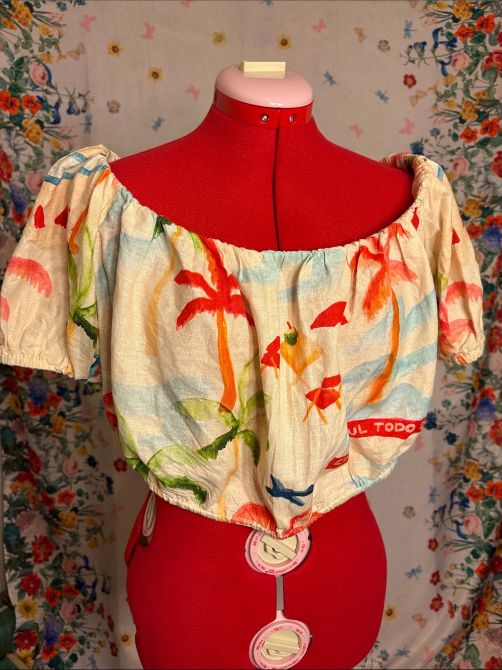 FARM Rio - Cream Off-Shoulder Watercolor Floral Crop Top 
Resort, Beach, Casual - Picture 3 of 8